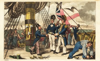 Kapten Spring gör Midshipman Newcome till sin medhjälpare och ger honom sitt svärd på kvartsdäcket på HMS Victory av Charles (c.1797 1850) (after) Williams