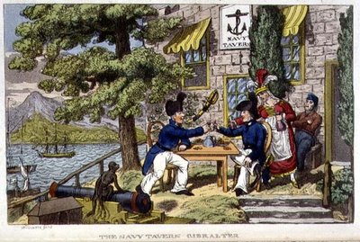 The Navy Tavern, Gibraltar, tallrik från "The Adventures of Johnny Newcome in the Navy" av John Mitford (1782-1831) 1818 (litho) av Charles (c.1797 1850) (after) Williams