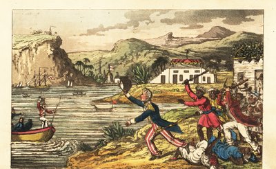 Engelsk marinofficer som flyr från en arg Massa-planterare och Quashee-förslavade män som håller på att leka med gosar på Jamaica av Charles (c.1797 1850) (after) Williams