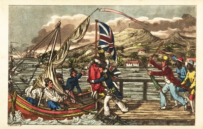 Engelsk marineofficer kidnappar en förslavad kvinna på Barbados Pier, förföljd av sin ägare make och plantagearbetare av Charles (c.1797 1850) (after) Williams