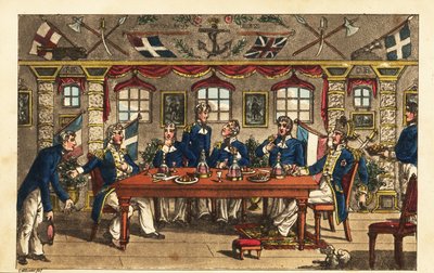 Midshipman Newcome bugar när han lämnar middagen i kaptenens hytt, HMS Victory av Charles (c.1797 1850) (after) Williams