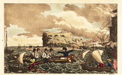 Midshipman Newcome överförd med roddbåt till HMS Vanguard nära Gibraltar av Charles (c.1797 1850) (after) Williams