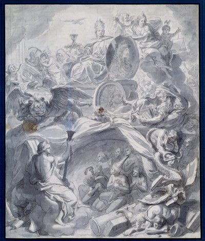 Allegori: "" The Victorious Church of Heresie or the Triumph of Religion"" Ritning av en gouache och tvätt av Charles Lebruns verkstad (Le Brun) (1619-1690) 1600-talets Paris, Musee du Louvren av Charles (studio of ) Le Brun