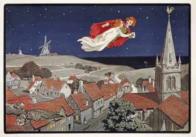Peter och Wendy flyger från Peter Pan av J M Barrie (1860 - 1937), pub. 1904 (färg litho) av Charles A. Buchel