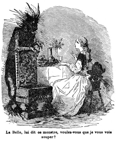 Illustration till berättelsen om fru Jeanne Marie Leprince de Beaumont "Beauty and the Bete", 1800-talet av Charles Albert dArnoux Bertall