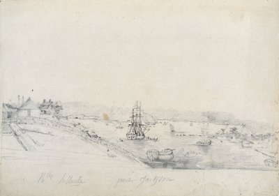 Till höger, fransmännens läger från Baudin-expeditionen till Bennelong-punkten, vänster, Sydney, hem för Nicolas Bayley- penna och bläck av Charles Alexandre Lesueur av Charles Alexandre Lesueur