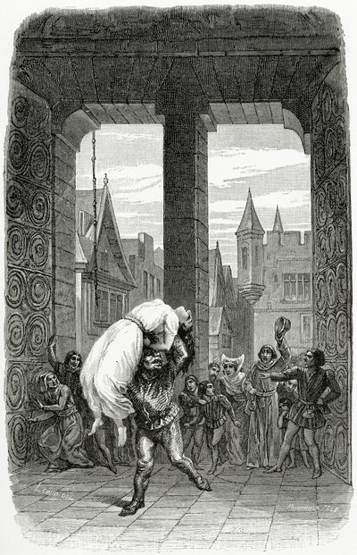 Quasimodo räddar Esmeralda från avrättning - illustration från Notre Dame de Paris, 1800-talet (bw gravyr) av Charles Alexandre Lesueur