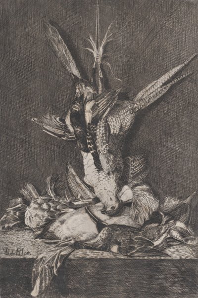 Jakttrofé med fågelvilt och kronärtskocka, 1850-1900. av Charles Alphonse Deblois