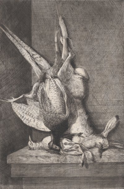 Jakttrofé med fågelvilt och kanin, 1850-1900. av Charles Alphonse Deblois