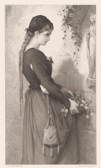 Ung kvinna tar med blommor till nisch med statyn av Maria Marguerite (titel på objekt) av Charles Alphonse Deblois