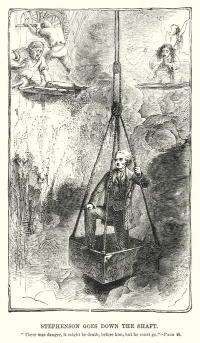 Stephenson går ner för skaftet (gravyr) av Charles Altamont Doyle