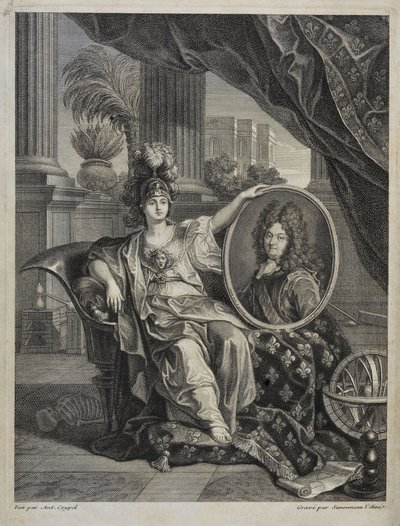 Ludvig XIV (1638-1715), kung av Frankrike, vetenskapens beskyddare - gravyr av Antoine Coypel i "Historien om Kungliga Vetenskapsakademien"" 1703 av Charles Antoine (after) Coypel