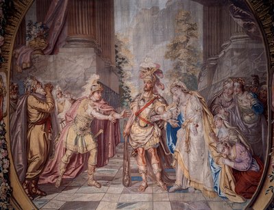 Scenografi: "Alceste" Representation av scen 4 i akt V i Philippe Quinaults (1635-1688) opera till musik av Jean Baptiste Lully (Giovanni Battista Lulli) (1632-1687). Detalj av en gobeläng av Charles Antoine Coypel (1694-1752) 1764 tillverkad i Mi av Charles Antoine (after) Coypel