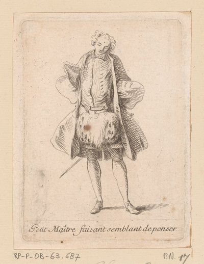 Stående adelsman sedd framifrån Petit Maître faisant semblant de penser (titel på objekt) Figures de modes (serietitel) av Charles Antoine Coypel