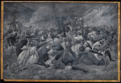 "Den egyptiska arméns nederlag under Hicks Pasha av Mahdi Muhummad Ahmads styrkor vid El Obeid", 5 november 1883 (akvarell en grisaille) av Charles Auguste Loye