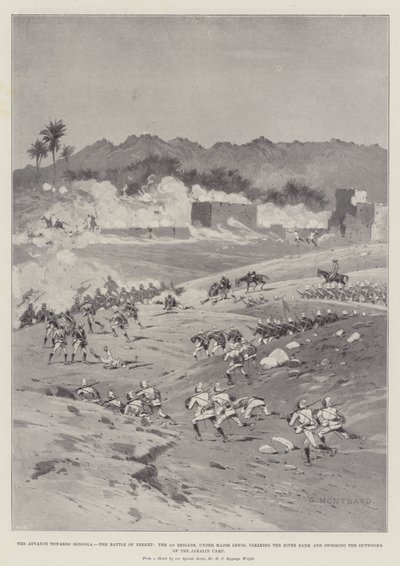 Framryckningen mot Dongola, slaget vid Ferket, 1:a brigaden under major Lewis som rensar flodbanken och stormar Jahalin-lägrets utbyggnader. av Charles Auguste Loye