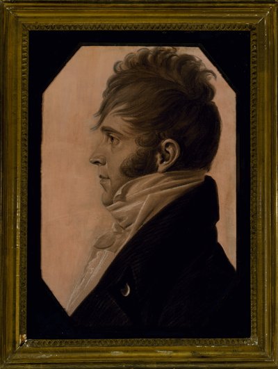 Porträtt av en man, ca. 1804 (svart krita förhöjd med vitt på rosa papper) av Charles Balthazar Julien Févret de Saint Mémin