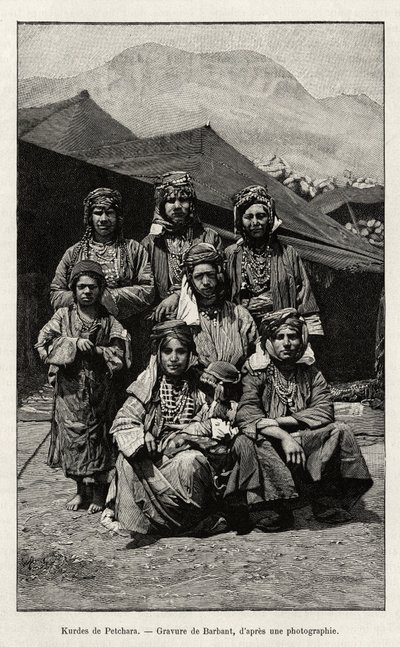 Kurderna i Petchara (Turkiet). Gravyr av Barbant för att illustrera berättelsen "Genom ryska Armenien, Karabagh, Araxdalen, Ararat-massivet" "av Madame B. Chantre, i Le tour du Monde 1892, regisserad av Edouard Charton (1807-1891), Hachette, Paris. av Charles Barbant