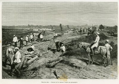Att anlägga de transkaspiska rälsen. Gravyr av Ch. Barbant för att illustrera berättelsen Voyage a Merv, av Edgar Boulanger, i le tour du monde 1887, regisserad av Edouard Charton (1807-1890), Hachette, Paris. av Charles Barbant