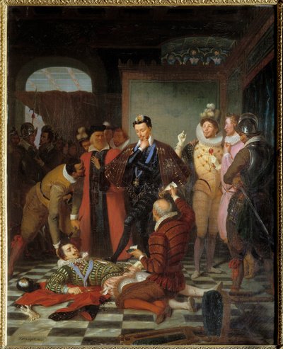 Henrik III, kung av Frankrike, knuffar kroppen av Henri I av Lorraine, hertig av Guise kallad Balafre (1550-1588) efter hans mord på slottet Blois av Charles Barthelemy Durupt