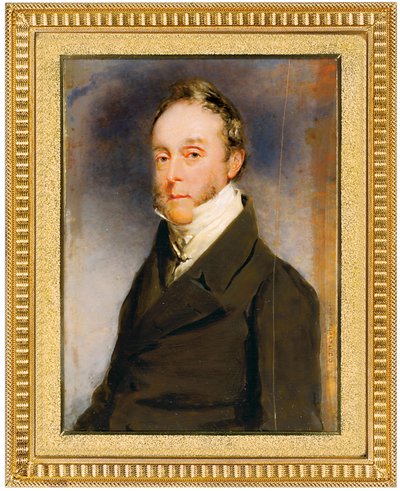 George Hay Hawkins vimpel i brun kappa, vit väst och vit skjorta med hög krage, Camden Town, London, 1864 av Charles Basebe