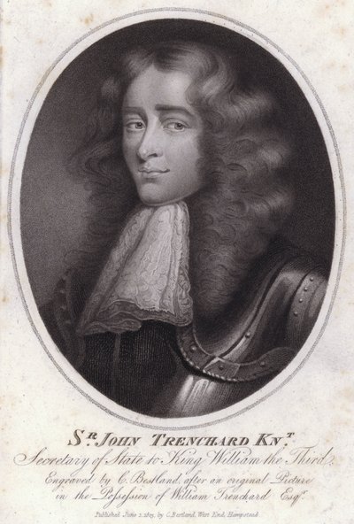 Sir John Trenchard, engelsk politiker och utrikesminister för det norra departementet under kung William III (gravyr) av Charles Bestland