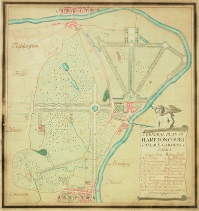 En allmän plan över Hampton Court Palace trädgårdar och parker, ca 1713 (penna, bläck och wc på papper) av Charles Bridgeman
