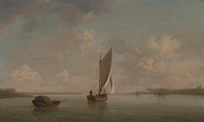 En smack under segel i en lätt bris i en flod av Charles Brooking