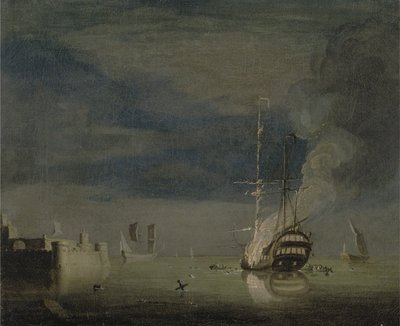 A Two-Decker on Fire at Night off a Fort, c.1740 (olja på duk) av Charles Brooking