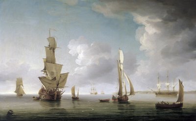 Sjöfart i Themsens mynning (England), stor variation av båtar och beskrivning av den engelska kusten. Olja på duk av Charles Brooking