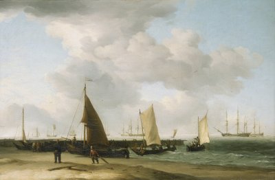 Scen på stranden med en krigsbyggnad i horisonten. Olja på duk av Charles Brooking
