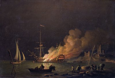 Ship on Fire at Night, ca 1756 (olja på duk) av Charles Brooking