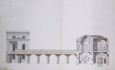 Tvärsnitt av agatpaviljongen och den hängande trädgården i Tsarskoye Selo, ca 1780 (penna och bläck med wc på papper) av Charles Cameron