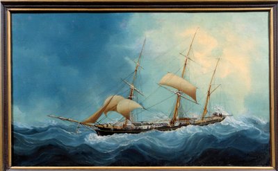 En tremattad segelbåt under flygning Målning av Charles Cheri Dubreuil (Cheri-Dubreuil) (1828-1880) 1865 - Fecamp. Musee Des Terre Neuvas - Ett tremastat skepp på flykt. Målning av Charles Dubreuil (1800-talet) av Charles Cheri Dubreuil