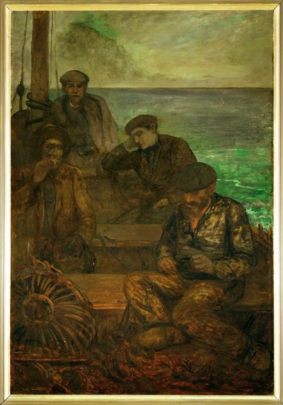 Country of the Sea - triptyk, vänster panel: Those who depart (målning på duk) av Charles Cottet