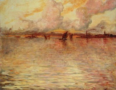 Havslandskap med avlägsen utsikt över Venedig av Charles Cottet