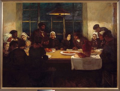Avskedsmåltiden i havets land Breton familj samlades runt ett bord. Central panel av en triptyqye av Charles Cottet (1863-1924). 1898 Sön. 1,76x2,37 m Paris, musee d