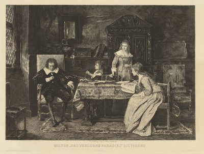 Milton, som sitter i en fåtölj, dikterar sitt paradis förlorat till en av sina döttrar. I den r.r.h. Munkacsy 1878. I marginalen: Ch. Courty d