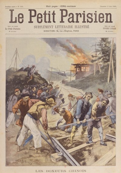 The Boxer Rebellion (1900-01), Boxare saboterar järnvägen, juni 1900 (tryck) av Charles Crespin
