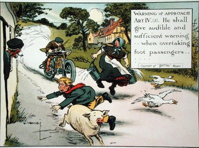 Varning för närmande. Konst. IV.(5) Han ska ge akustisk och tillräcklig varning...vid omkörning av fotpassagerare, från en bok med trafikregler, publicerad c.1905 (färg litho) av Charles Crombie