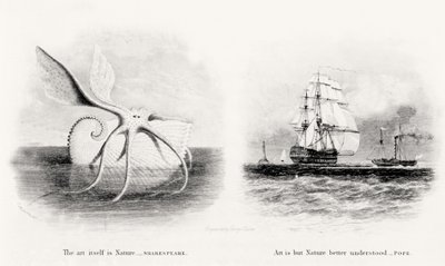 En gigantisk bläckfisk och två skepp till sjöss, graverad av George Cooke (1781-1834) av Charles Curtis