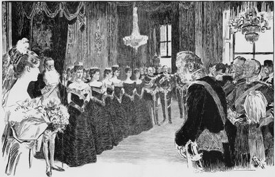 En debutants första glimt av royalty, en scen i drottningens salongen av Charles Dana Gibson
