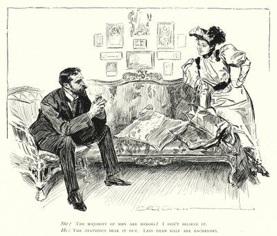 Män är hjältar - mindre än hälften är ungkarlar (litho) av Charles Dana Gibson