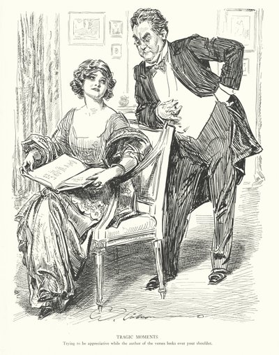 Tragiska ögonblick, Att försöka vara tacksam medan författaren till verserna tittar över axeln (litografi) av Charles Dana Gibson