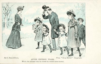 Kvinna som möter mannen hon vägrade i äktenskapet som svor att han aldrig skulle gifta sig (färg litho) av Charles Dana Gibson
