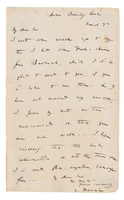 Autografbrev undertecknat av Charles Darwin