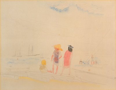 Två kvinnor och barn på stranden (wc och penna på papper) av Charles Demuth