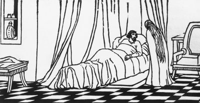 Melisande på besök hos Golaud, som ligger i sängen efter att ha fallit från sin häst, träsnitt av Charles Doudelet (1861-1938) för Pelleas och Melisande av Maurice Maeterlinck (1862-1949), utgiven av Claudio Argentieri, Spoleto, Italien av Charles Doudelet