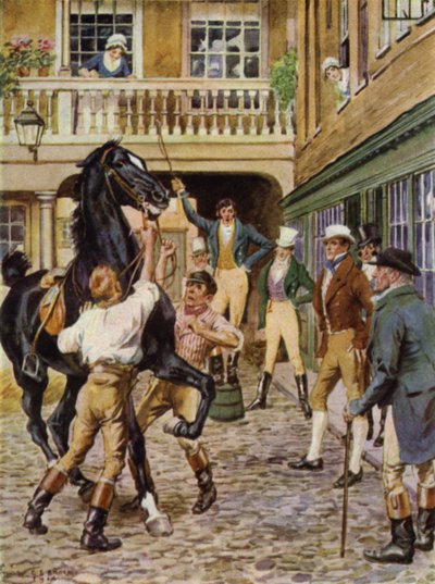 Illustration för The Amateur Gentleman av Jeffery Farnol (litho i färg) av Charles Edmund (after) Brock