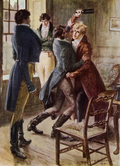 Illustration för The Amateur Gentleman av Jeffery Farnol (litho i färg) av Charles Edmund (after) Brock
